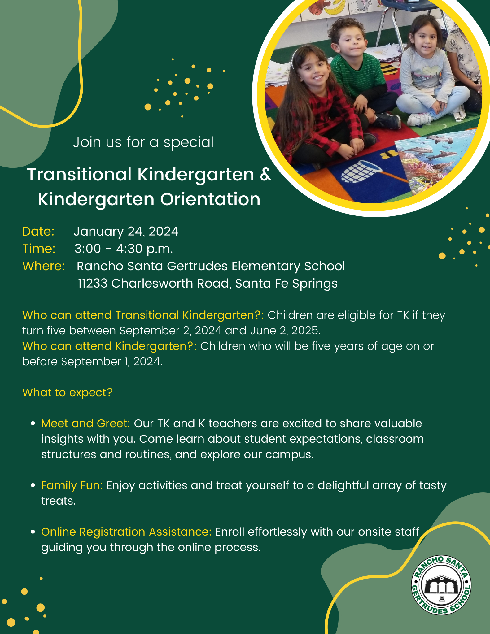 The image is a flyer for a Transitional Kindergarten & Kindergarten Orientation event. It features a turquoise background with orange and yellow circular patterns, and at the center, there is a photograph of three young children sitting on the floor, smiling at the camera, with educational toys and puzzles around them.
